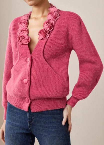 Fashion Rose V Neck Floral Knit Cardigan Long Sleeve