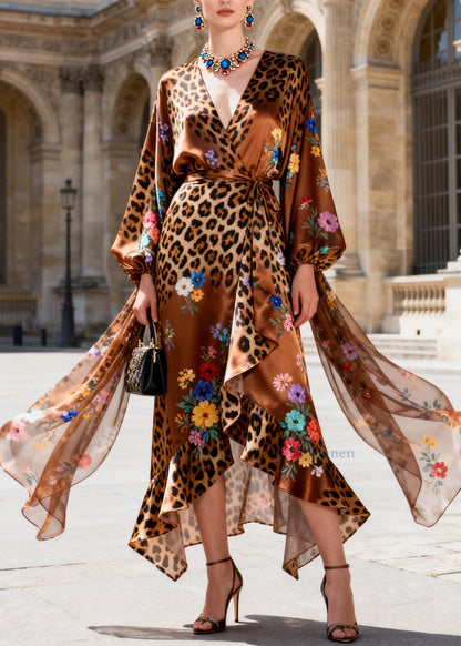 Fashion Ruffled Asymmetrical Design Print Chiffon Dress Long Sleeve