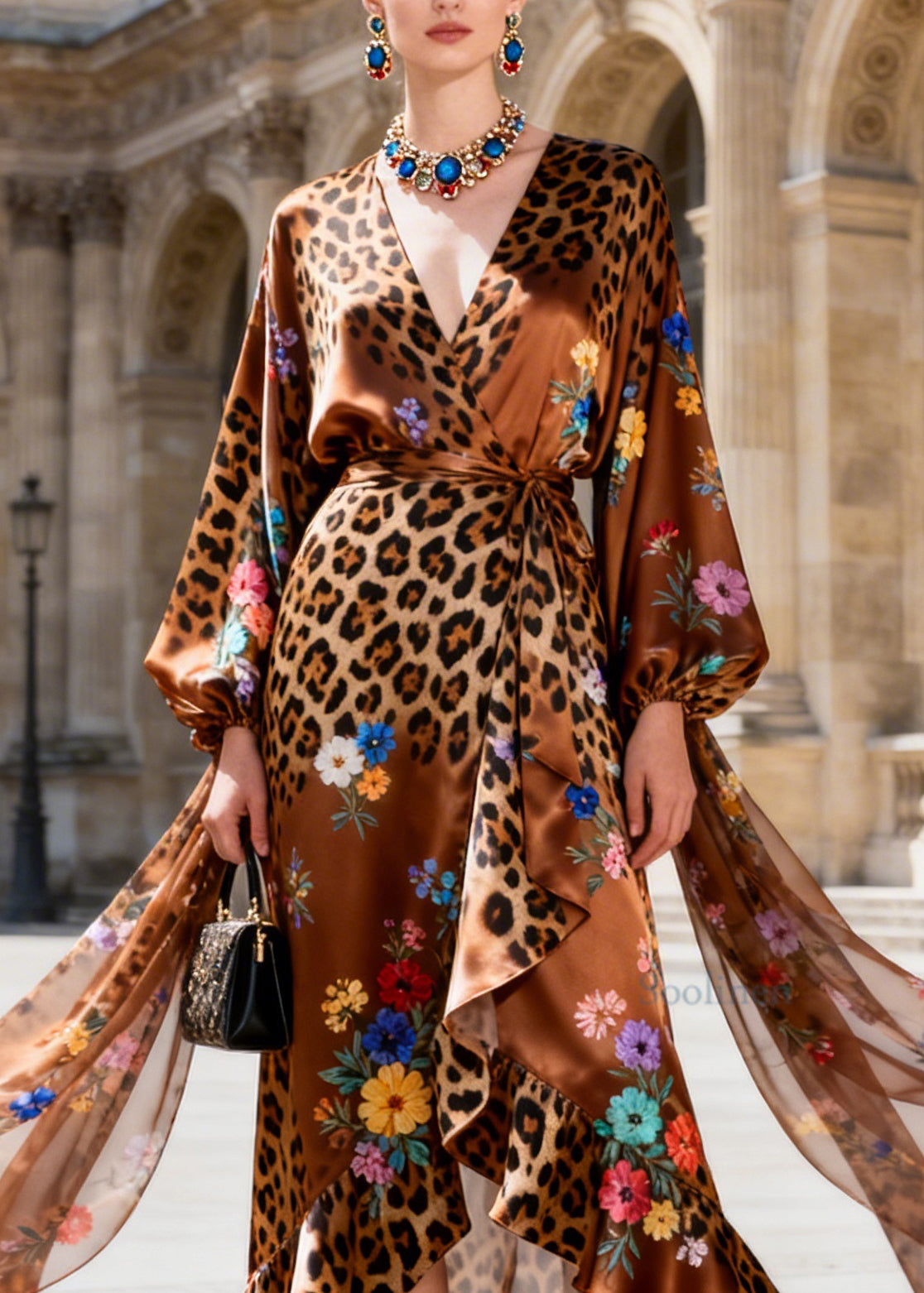 Fashion Ruffled Asymmetrical Design Print Chiffon Dress Long Sleeve