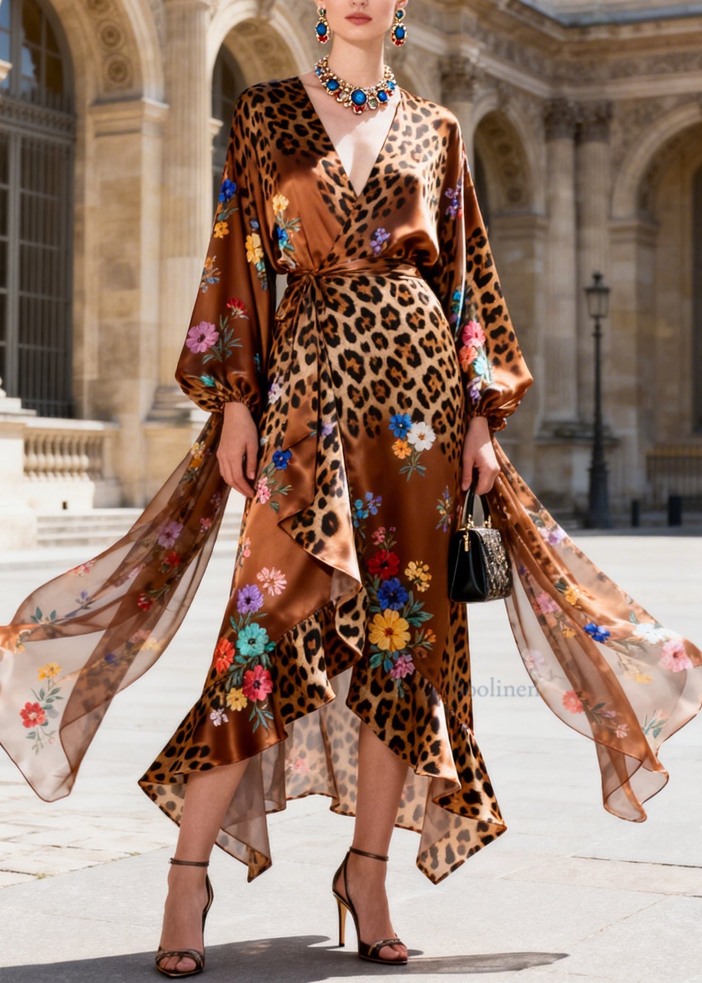 Fashion Ruffled Asymmetrical Design Print Chiffon Dress Long Sleeve