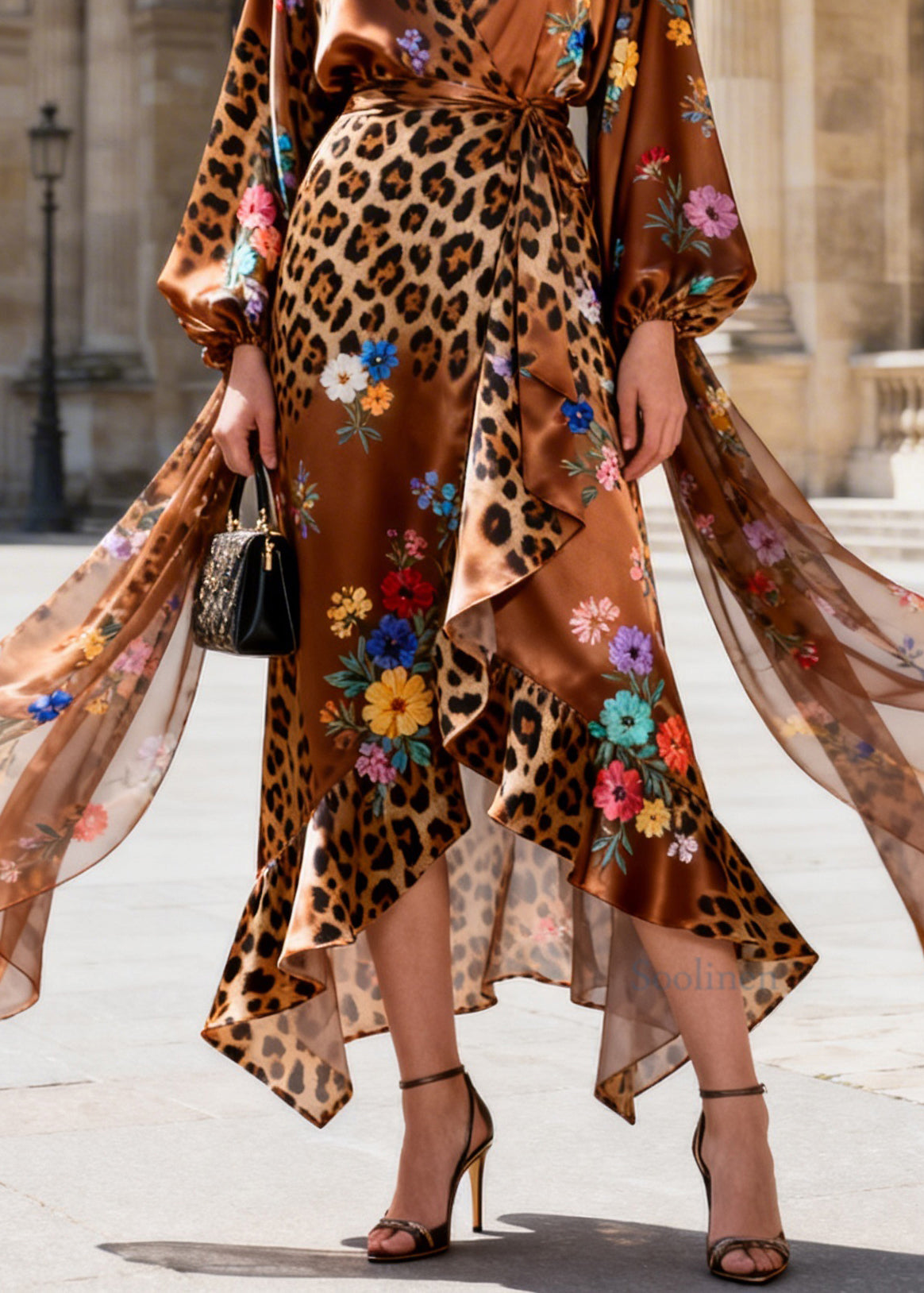 Fashion Ruffled Asymmetrical Design Print Chiffon Dress Long Sleeve