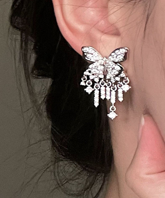 Pendientes colgantes con borlas de mariposa y circonitas incrustadas de aleación de plata de ley y seda de moda