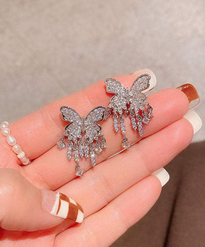 Pendientes colgantes con borlas de mariposa y circonitas incrustadas de aleación de plata de ley y seda de moda