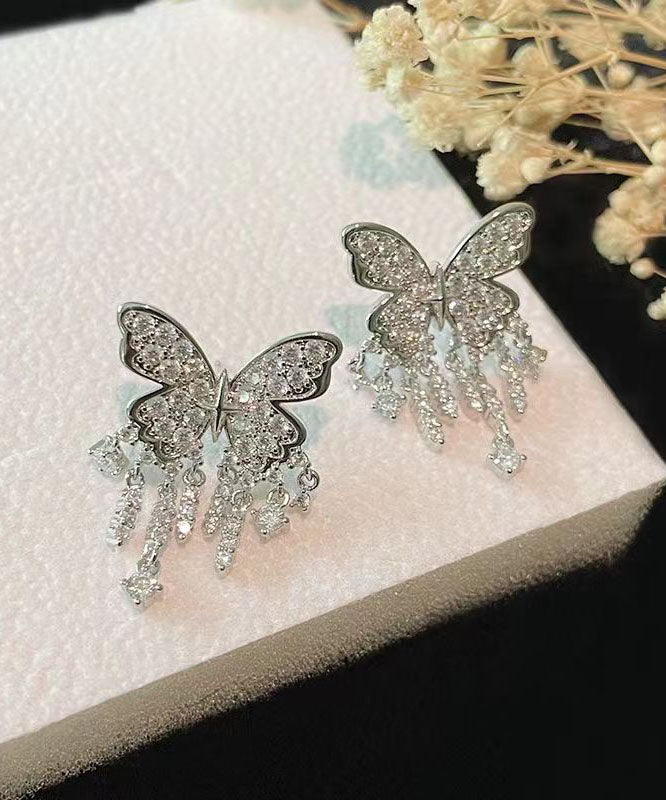 Pendientes colgantes con borlas de mariposa y circonitas incrustadas de aleación de plata de ley y seda de moda