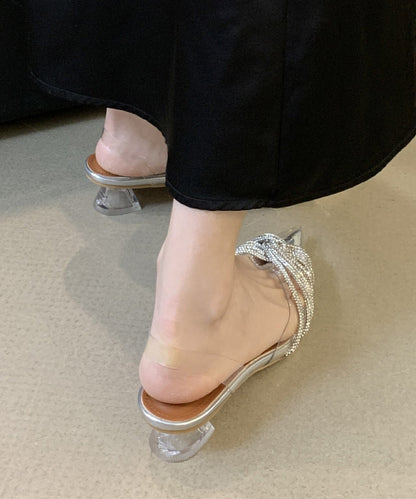 Fashion Silver Transparent Pointed Toe Zircon Slide Sandals