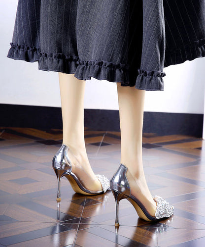 Zapatos de tacón alto con punta puntiaguda y circonitas de imitación de piel color champán