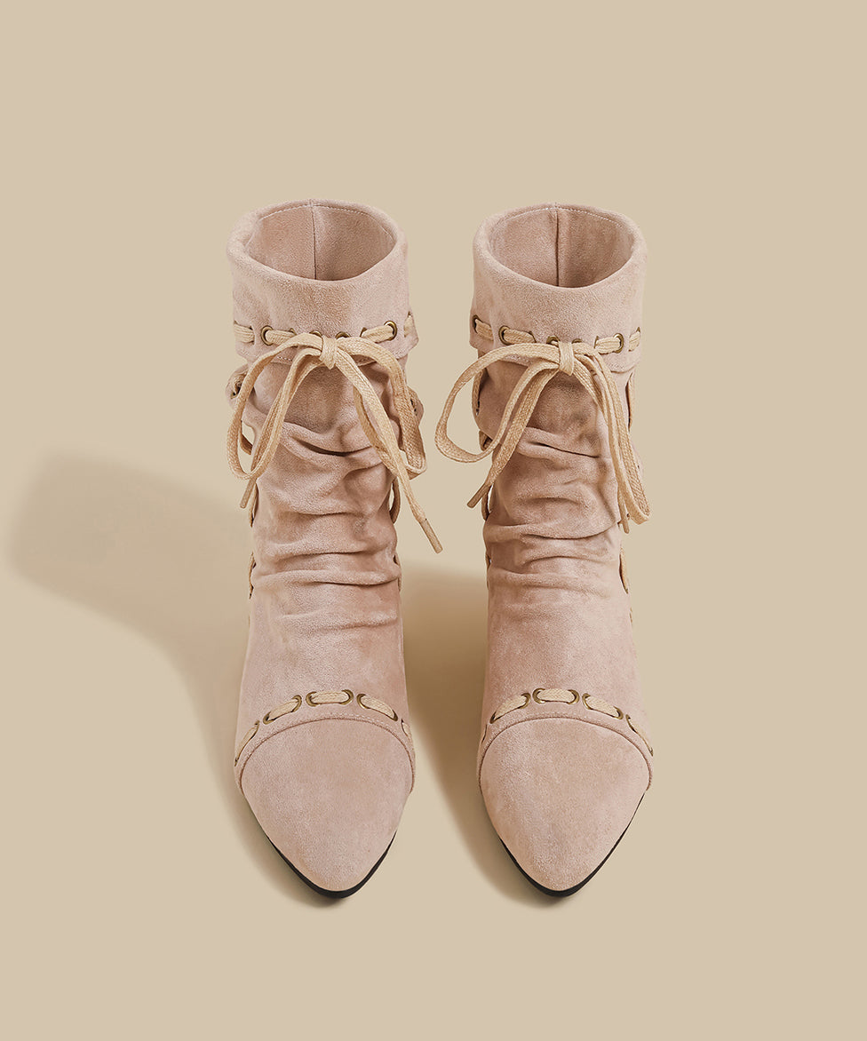 Modische Keilstiefel mit Zierelementen, rosa Wildleder, flauschiges Wollfutter