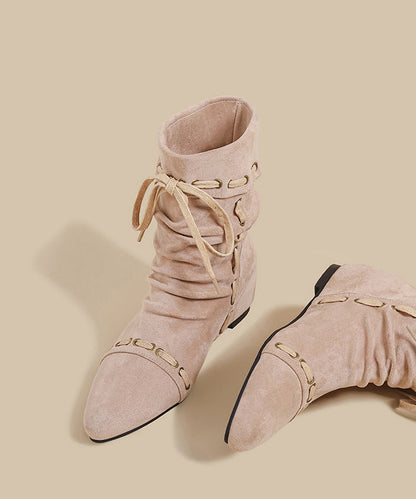 Modische Keilstiefel mit Zierelementen, rosa Wildleder, flauschiges Wollfutter