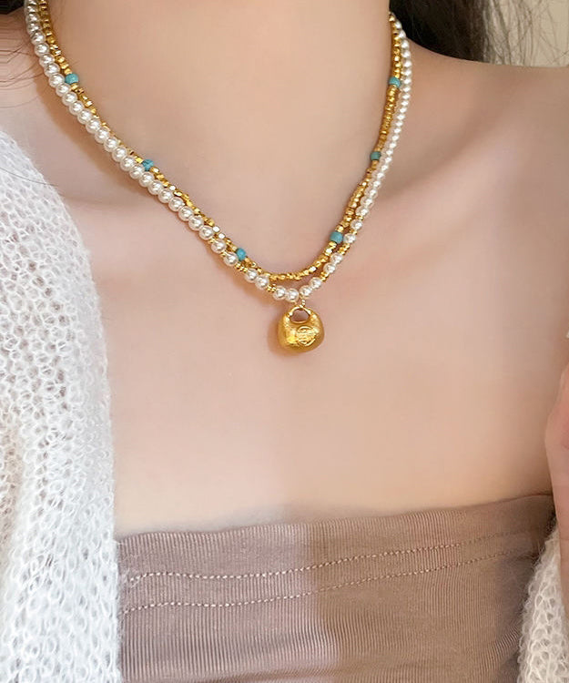 Collar con colgante de dos piezas de plata de ley dorada con turquesa y perla