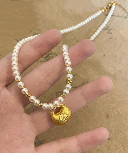 Collar con colgante de dos piezas de plata de ley dorada con turquesa y perla