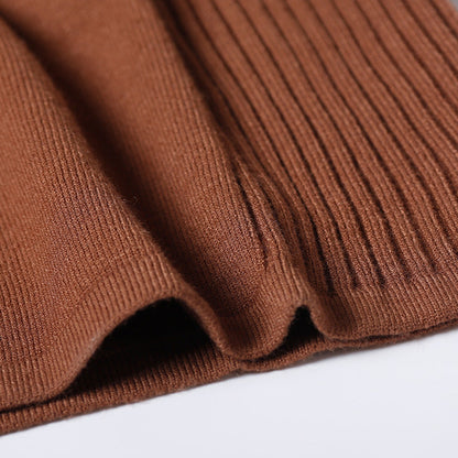 Modisches Pulloverkleid-Outfit, edles hochgeschlossenes, tailliertes braunes Mujer-Strickkleid