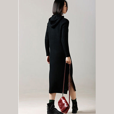 Mode Pullover Wetter Frauen Kapuze Seite offen braun Largo Strickkleid