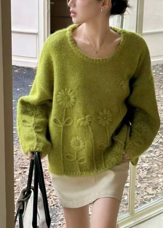 Fashion Tea Green Oversized Floral Knit Sweater Winter