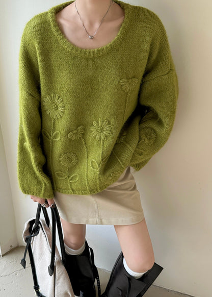 Fashion Tea Green Oversized Floral Knit Sweater Winter