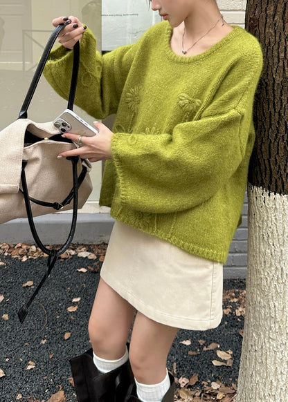 Fashion Tea Green Oversized Floral Knit Sweater Winter