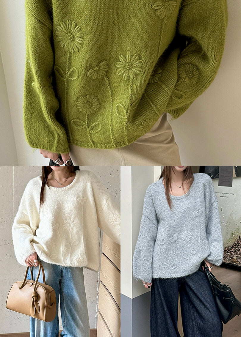 Fashion Tea Green Oversized Floral Knit Sweater Winter