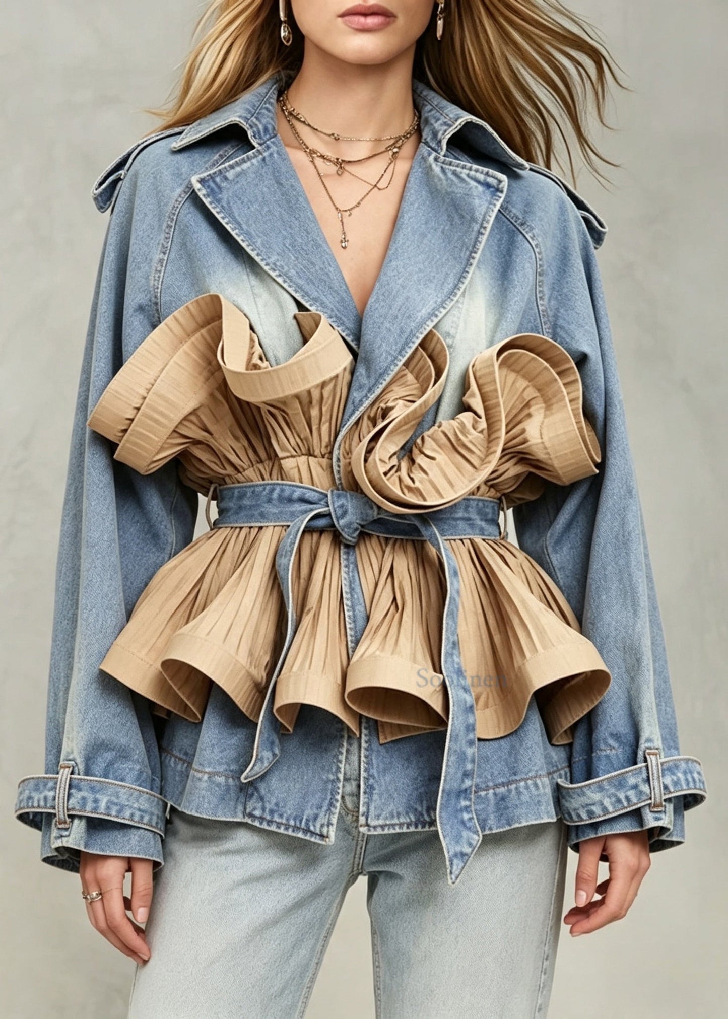 Fashion Turn-Down Collar Ruffles Patchwork Denim Tie Waist Coats Long sleeve