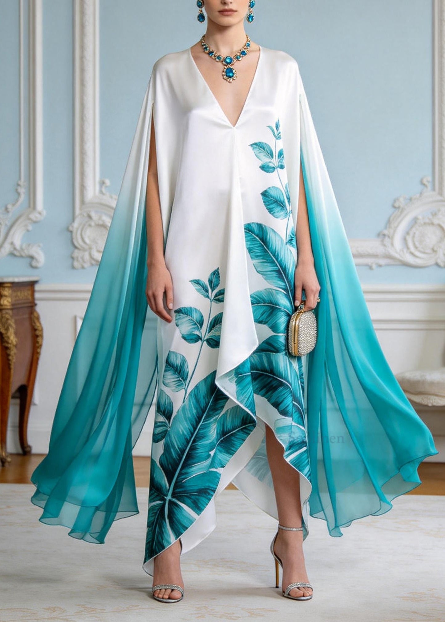 Fashion V Neck Asymmetrical Design Print Chiffon Maxi Dresses Summer