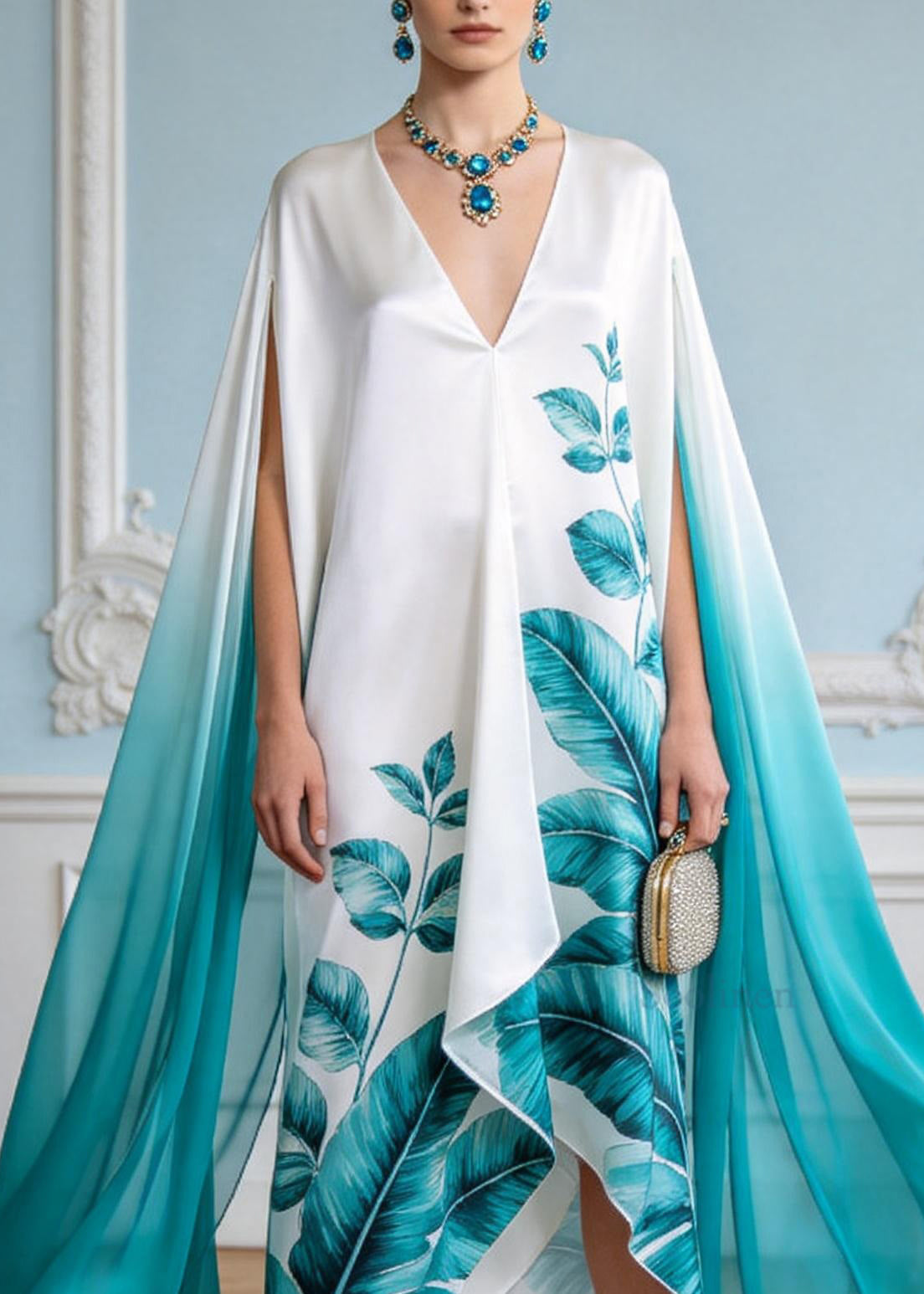 Fashion V Neck Asymmetrical Design Print Chiffon Maxi Dresses Summer