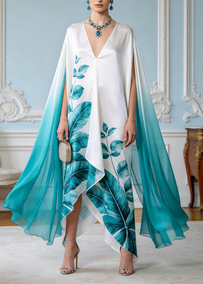 Fashion V Neck Asymmetrical Design Print Chiffon Maxi Dresses Summer