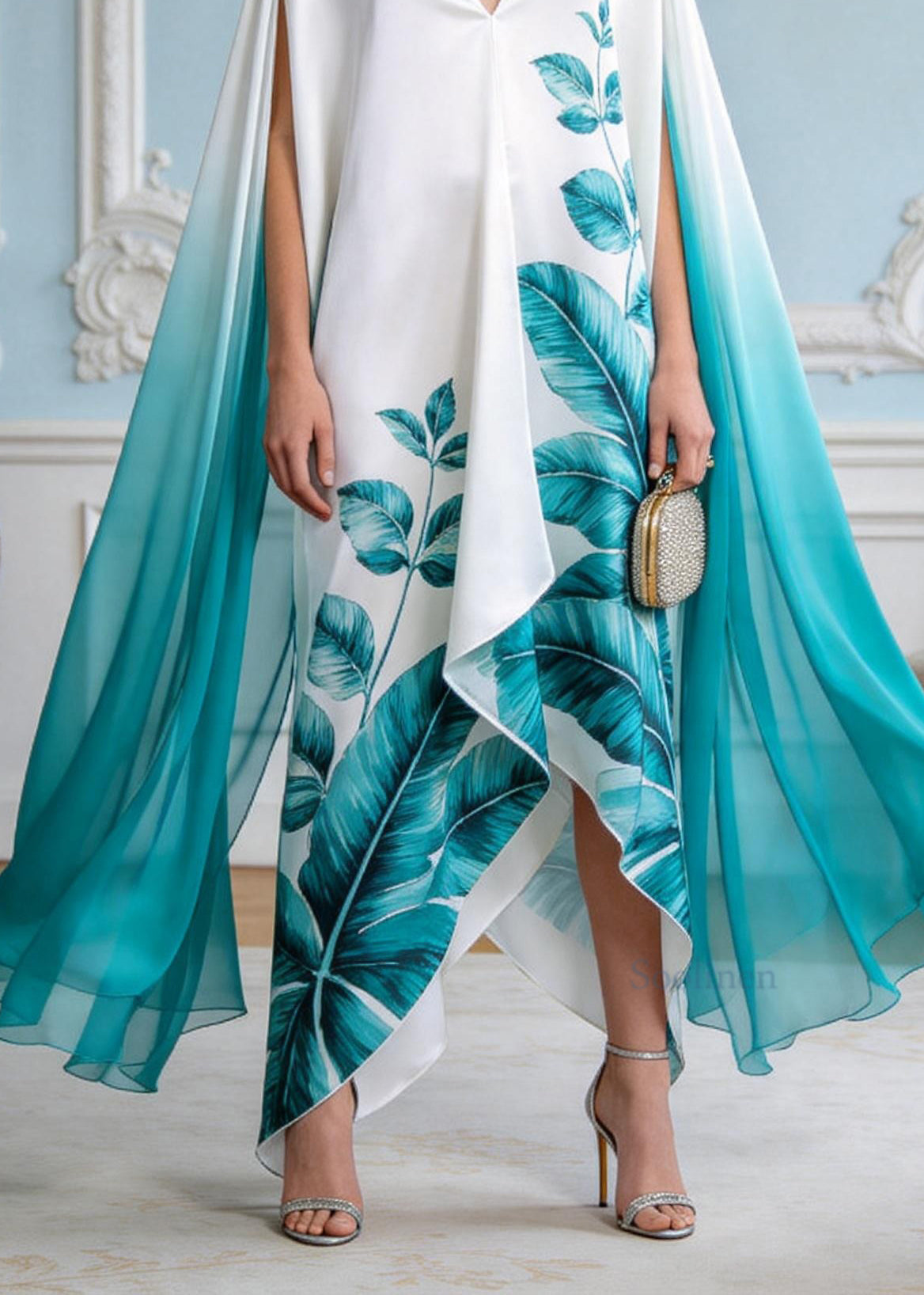 Fashion V Neck Asymmetrical Design Print Chiffon Maxi Dresses Summer