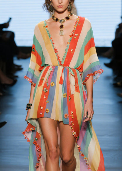 Fashion V Neck Floral Low High Design Cotton Dresses Summer