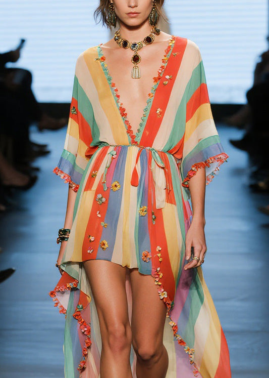 Fashion V Neck Floral Low High Design Cotton Dresses Summer