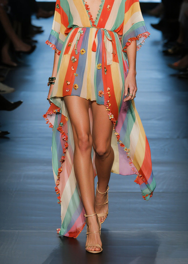 Fashion V Neck Floral Low High Design Cotton Dresses Summer