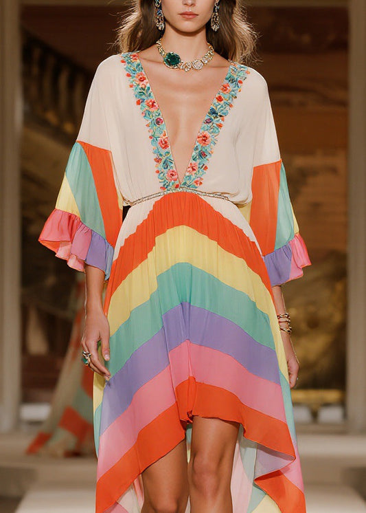 Fashion V Neck Print Low High Design Chiffon Dress Summer