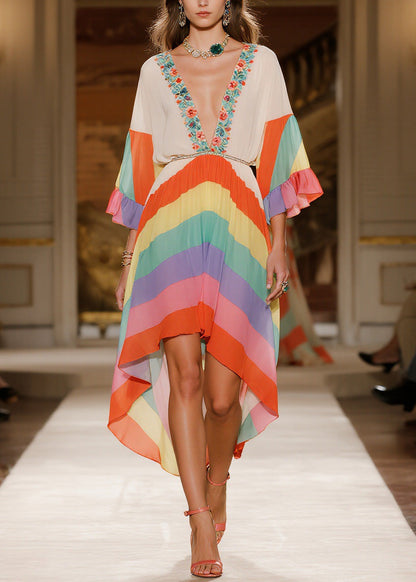 Fashion V Neck Print Low High Design Chiffon Dress Summer