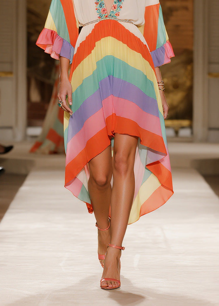 Fashion V Neck Print Low High Design Chiffon Dress Summer