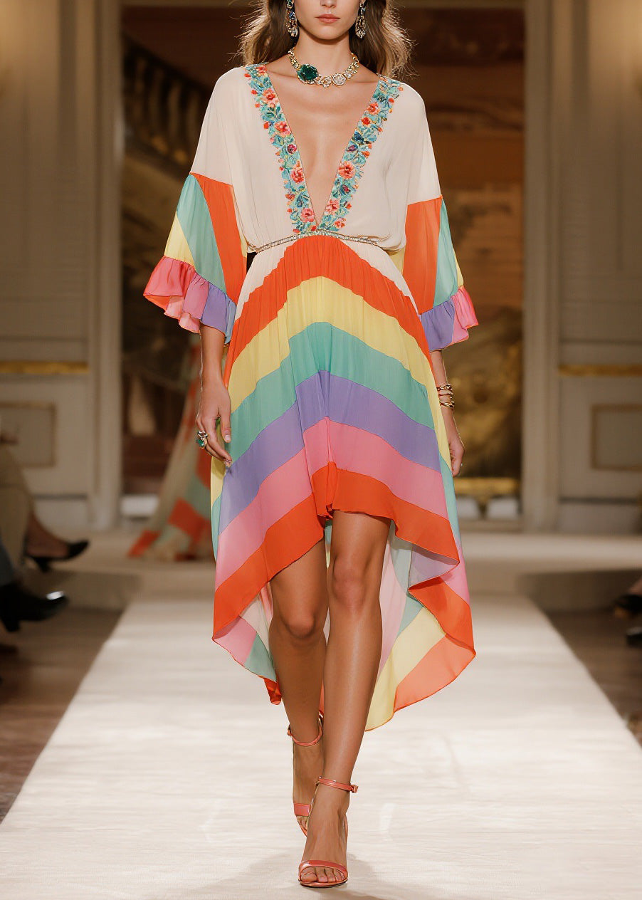 Fashion V Neck Print Low High Design Chiffon Dress Summer