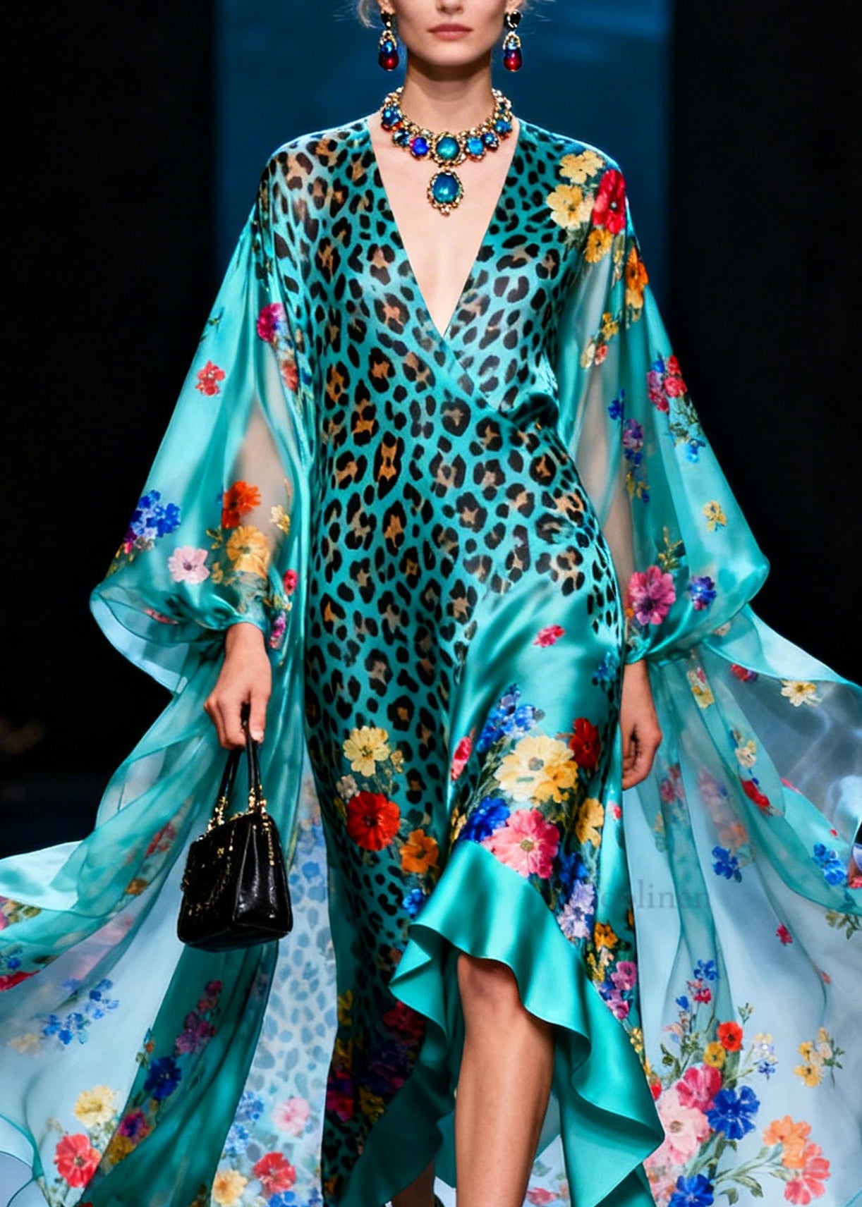 Fashion V Neck Ruffled Print Silk Ankle Dress Summer