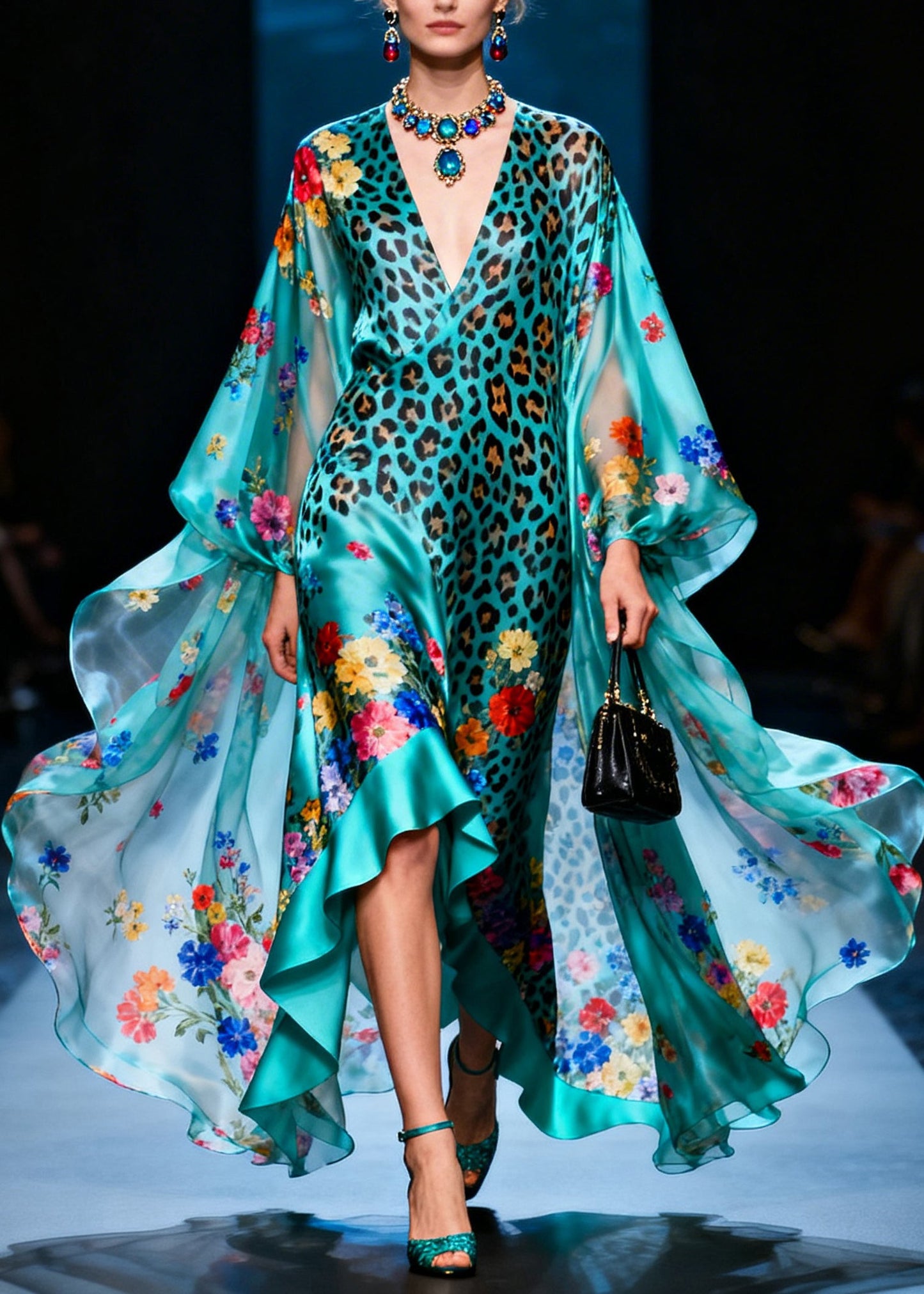 Fashion V Neck Ruffled Print Silk Ankle Dress Summer