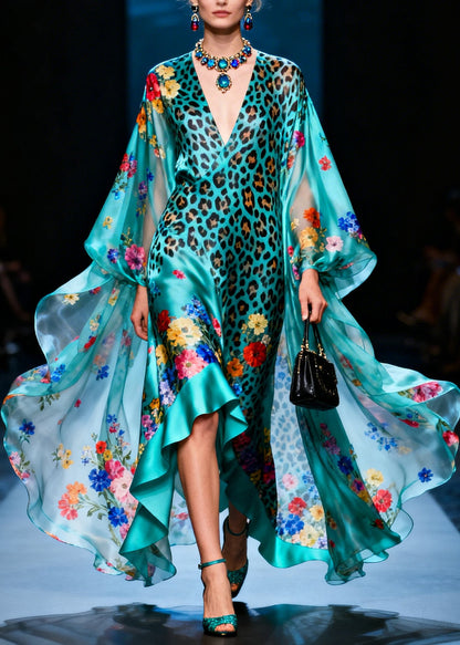 Fashion V Neck Ruffled Print Silk Ankle Dress Summer