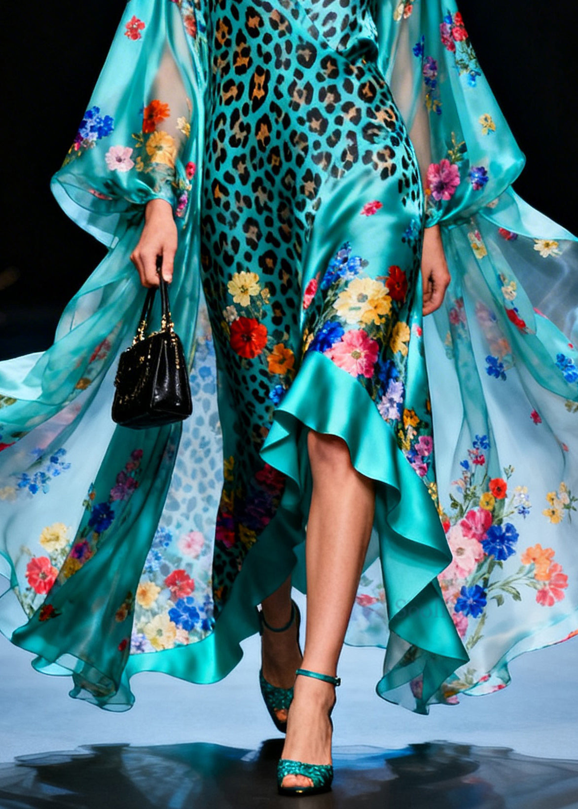 Fashion V Neck Ruffled Print Silk Ankle Dress Summer