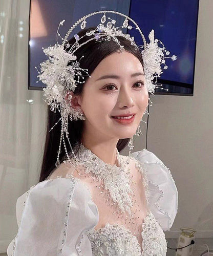 Fashion White Alloy Crystal Tassel Crown And Drop Earrings Two-Piece Set