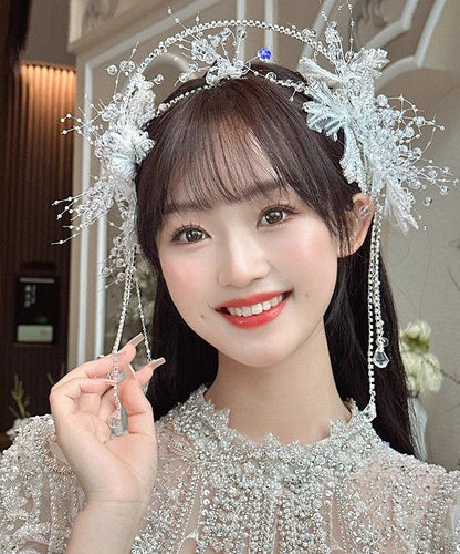 Fashion White Alloy Crystal Tassel Crown And Drop Earrings Two-Piece Set