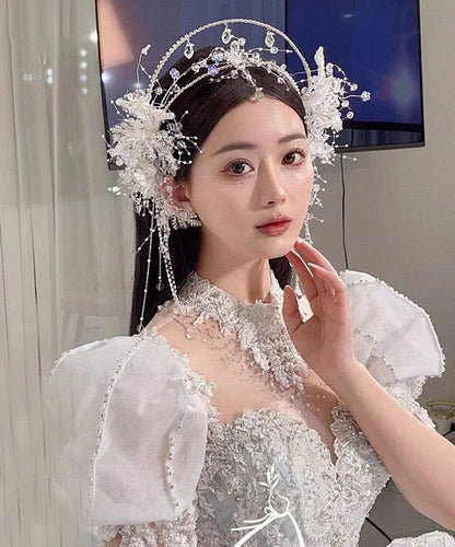 Fashion White Alloy Crystal Tassel Crown And Drop Earrings Two-Piece Set