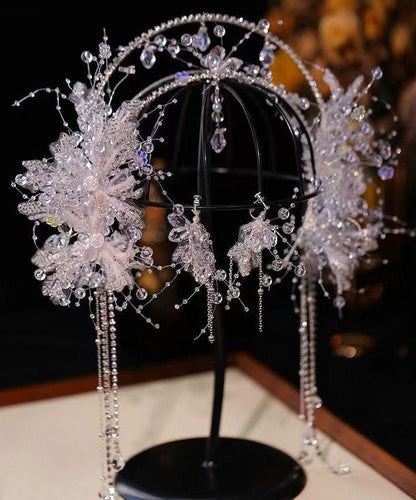Fashion White Alloy Crystal Tassel Crown And Drop Earrings Two-Piece Set