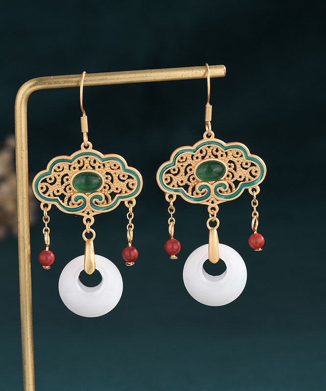Pendientes colgantes con borlas y hebilla de ping, de aleación blanca, con incrustaciones de gemas de jade y esmalte cloisonné.