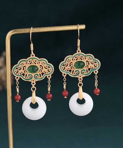 Pendientes colgantes con borlas y hebilla de ping, de aleación blanca, con incrustaciones de gemas de jade y esmalte cloisonné.