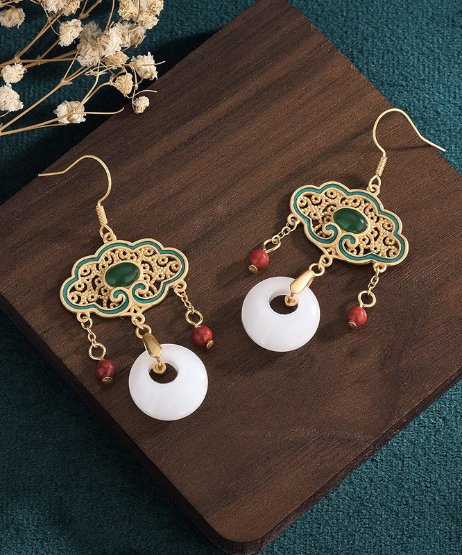 Pendientes colgantes con borlas y hebilla de ping, de aleación blanca, con incrustaciones de gemas de jade y esmalte cloisonné.