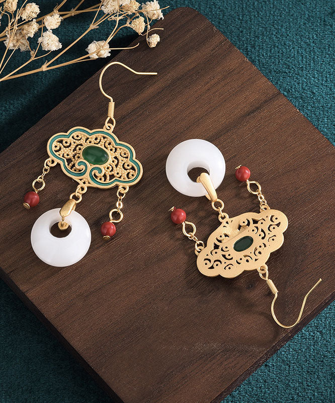 Pendientes colgantes con borlas y hebilla de ping, de aleación blanca, con incrustaciones de gemas de jade y esmalte cloisonné.