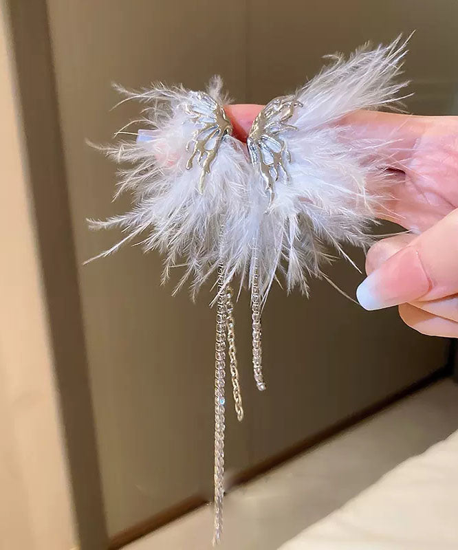 Moderne Ohrringe mit Schmetterlingsfeder und Quaste aus weißer Legierung und Zirkonia