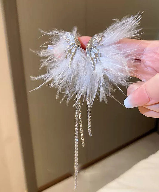 Moderne Ohrringe mit Schmetterlingsfeder und Quaste aus weißer Legierung und Zirkonia