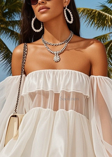 Fashion White Cold Shoulder Patchwork Tulle Tea Strapless Dress Summer