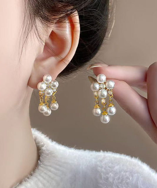 Fashion White Copper Alloy Zircon Pearl Tassel Drop Earrings