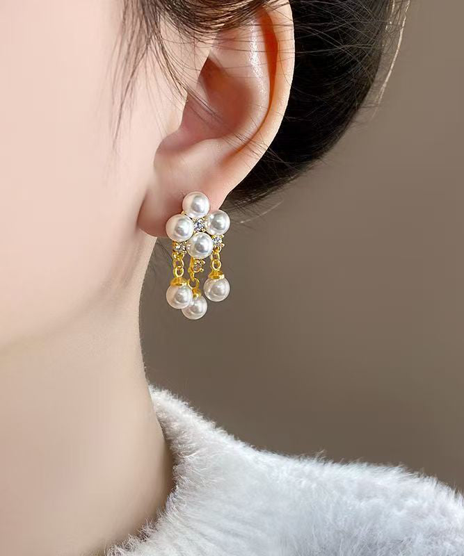 Fashion White Copper Alloy Zircon Pearl Tassel Drop Earrings