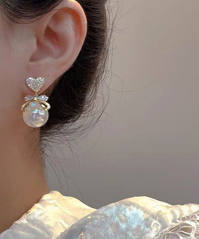 Pendientes colgantes con lazo de circonita y perla de oro de 14 quilates bañados en cobre blanco